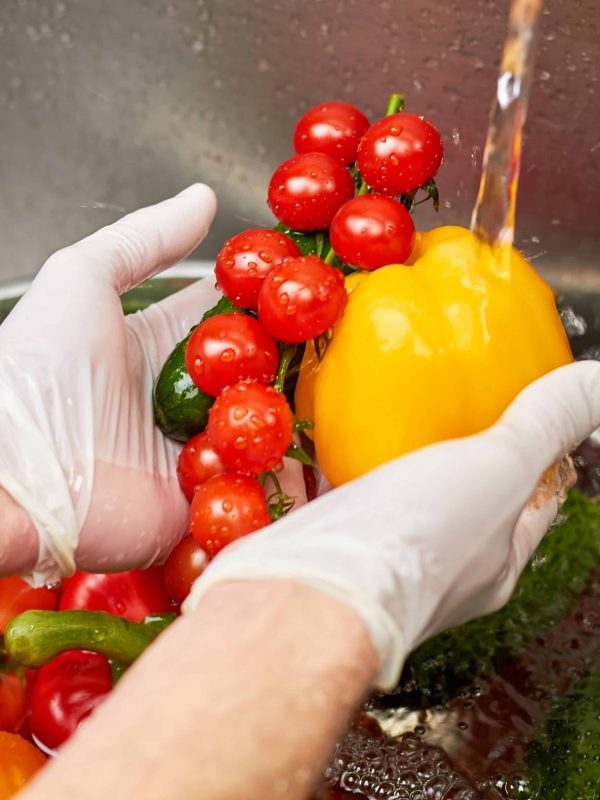 Chef hands holding bell pepper, stem of cherry tomatoes and cucumber. Hands with white gloves are holding vegetables.