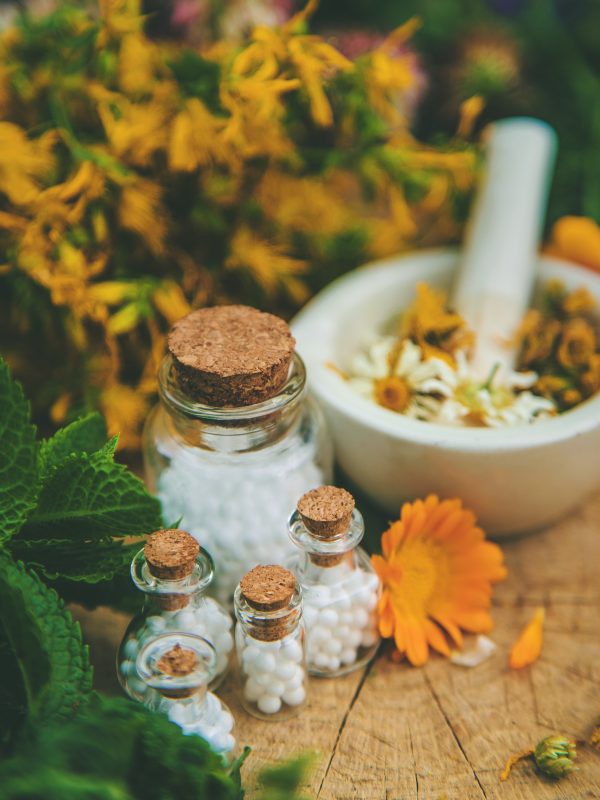 Tincture of medicinal herbs in bottles. Selective focus. Nature.